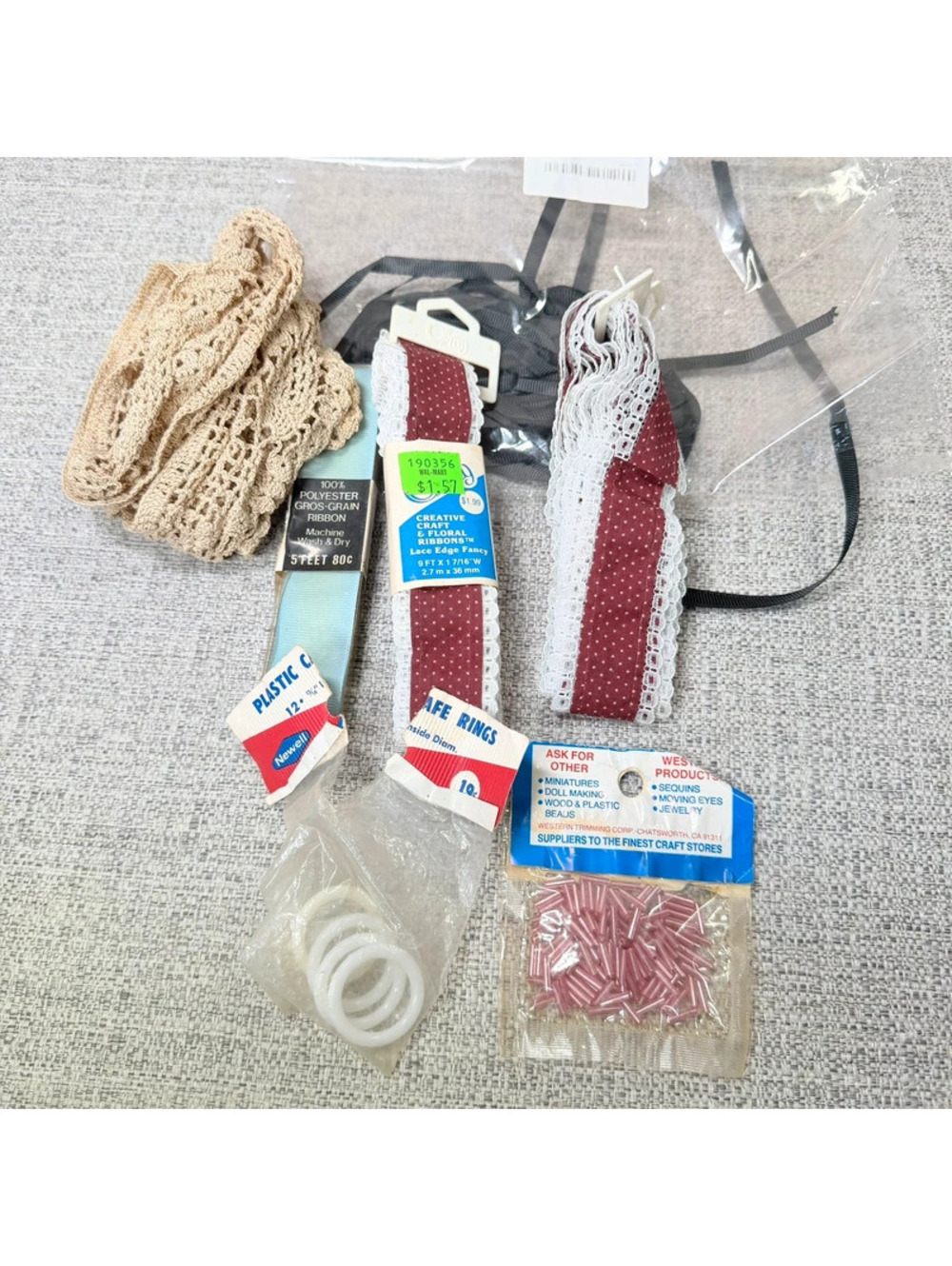 VTG Sewing Craft Notions Ribbon Lace Trim Rings Beads Crochet Trim Cottagecore